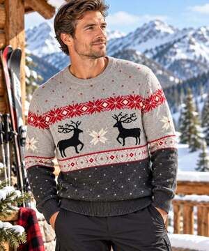 Chaps Nortic Holiday Gray Red Crewneck Deer & Snowflakes Sweater. Mens Large